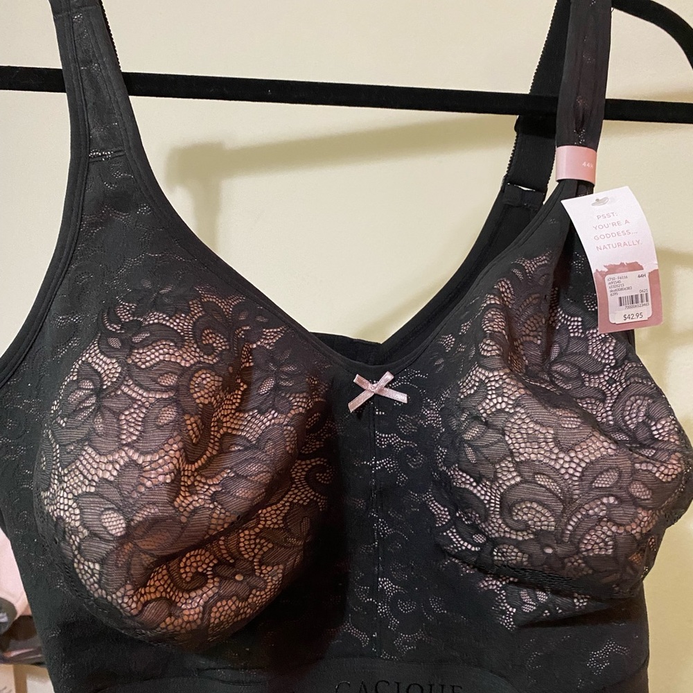 Cacique Cotton Lightly Lined No-Wire Bra With Lace in Black size 44H